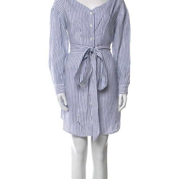FRAME Denim Linen Blue & White Striped Long Sleeve Shirt Dress w/Tie Waist Sz M - Picture 2 of 16